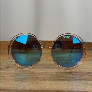 Oversized Round Sunglasses Blue Mirror Gold Frame Retro Boho Festival